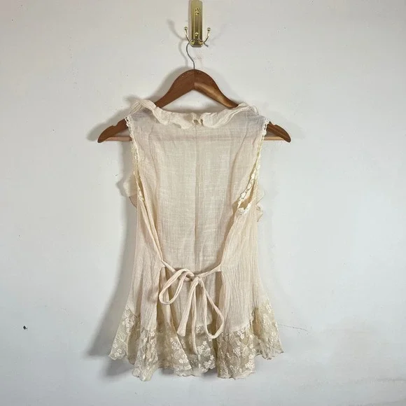 Vintage Y2K XXI Ruffled Tie Front Top Lace Trim Back Tie Floral Cream Sm Fairy - Picture 5 of 6